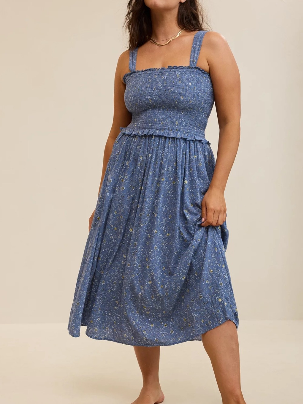 Aerie At The Barre Smocked Dress Floral midi maxi blue Sundress XXL women’s 2XL